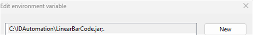 Edit environment variable, adding C:\IDAutomation\LinearBarCode.jar;. as a new variable