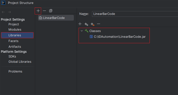 Locating the Libraries tab in the Project Structure to add the LinearBarCode.jar as a reference.