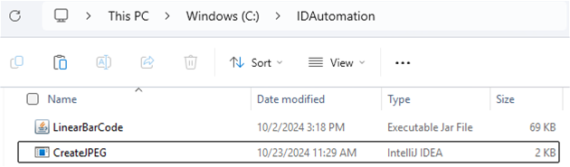 Displaying the LinearBarCode.jar an the CreateJPEG application within the same IDAutomation folder for quick start.