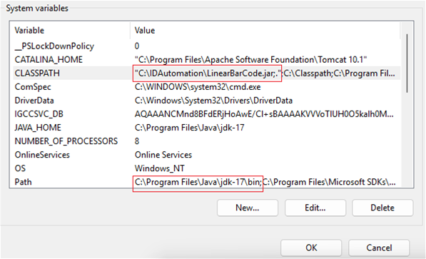 System variables on display for full picture view. CLASSPATH has "C:\IDAutomation\LinearBarCode.jar;" and Path has the JDK in use.