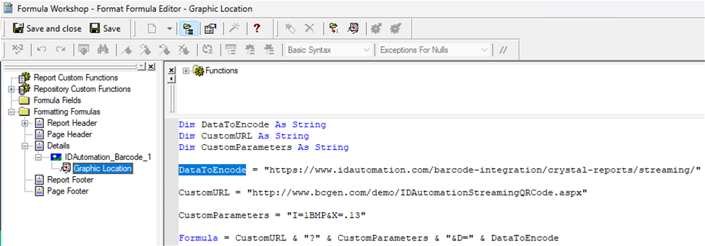 In the Formula Workshop, modify the DataToEncode, CustomParameters and CustomURL data as necessary.