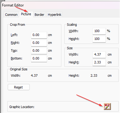 When the dialog opens, choose Picture - Graphic Location.
