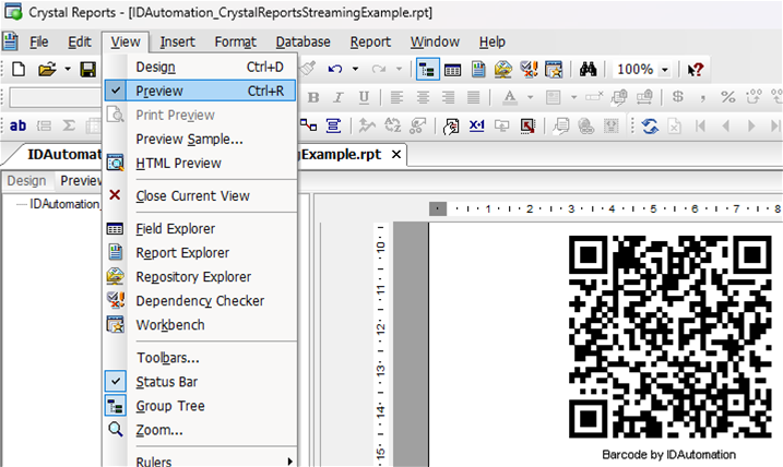 Choose View - Preview in Crystal Reports and verify that a QR Code Symbol appears.